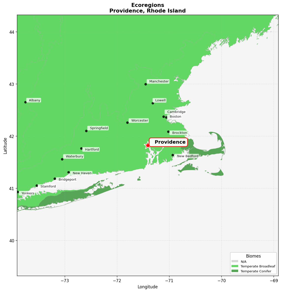 Northeast US Coastal forests Ecoregion Map for Providence, RI